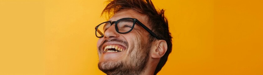 Young adult laughing confidently off to the side yellow background, glasses framing an excited,...