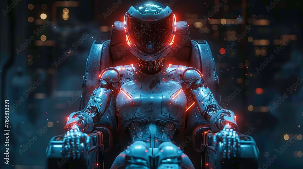 Aufkleber An automated woman holds a robotic throne in cyberspace, a beautiful cyborg woman sits in an armchair and is surrounded by a neural network as if she were in cyberspace. Artificial intelligence has