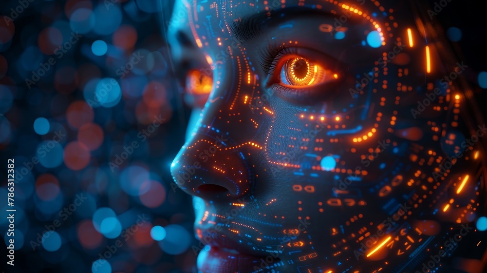 Aufkleber AGI in image-based face on a screen hanging phone interacting with artificial intelligence. Intelligent mobile phone chatbots. Robots analyze data.