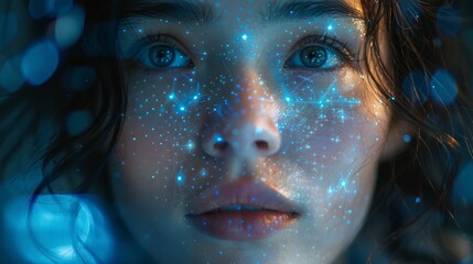 The concept of an AI robot woman analyzing big data using artificial intelligence. Cyborg woman contemplating stream of data in an image waterfall of particles of light. Machine learning concept. - obrazy, fototapety, plakaty