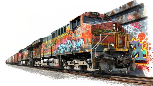 A train with graffiti on it is traveling down the tracks