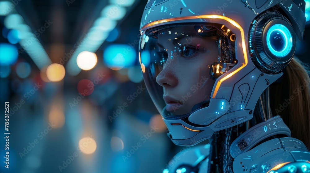 Aufkleber Artificial intelligence chat bot talking with customers on the phone. Women robotics on screen phone click on speech bubble. Artificial intelligence female cyborg support user of internet service.