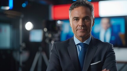 Confident male news anchor in suit poses in broadcast studio with screens and studio lighting in background.