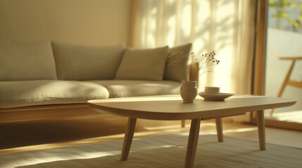 Minimalist Japanese living room with functional furniture, monochrome palette, soft morning light, and wood textures in a city apartment. - obrazy, fototapety, plakaty