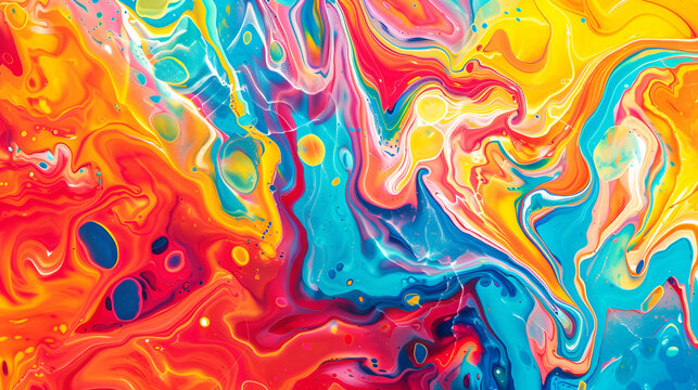 This photo shows a dynamic and colorful fluid painting with a striking variety of colors swirling and blending together in an abstract composition, abstract patterns formed by mixing liquid paints
