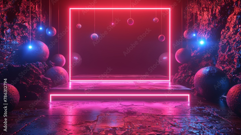 Poster The neon rectangle glowing frame is set in dark cyberspace with hanging 3D spheres. Tech square border or frame forms the pedestal or base for the object.