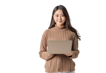 Young Asian Woman with Laptop on Transparent