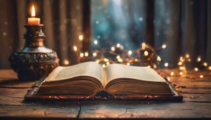 old book with candle, an old book bathed in soft magical lights on a vintage table