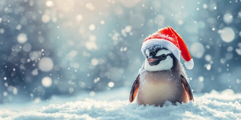 Xmas winter cartoon penguin wearing a red Santa hat. Holiday Christmas banner, festive poster. Merry Christmas Happy New Year. Festive bright beautiful background