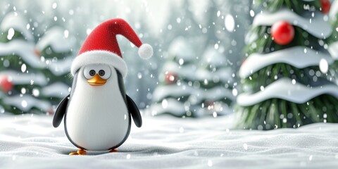Xmas winter cartoon penguin wearing a red Santa hat. Holiday Christmas banner, festive poster. Merry Christmas Happy New Year. Festive bright beautiful background