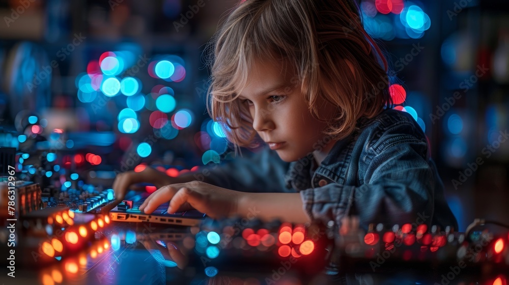 Aufkleber Kids learning computer game technology, robotics, engineering, with AI robots in stem school. Children learning programming language on laptops, phones.
