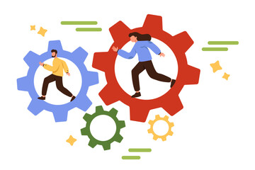 Work progress, organization and productivity of strong business team. Tiny people running inside system of gears together, success teamwork and operations of managers cartoon vector illustration