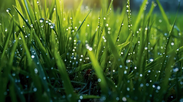 green fresh grass in morning dew with natural bokeh