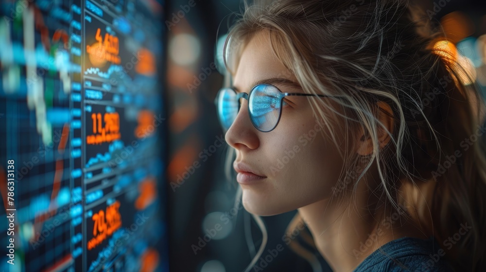 Fototapete Trader robot. Artificial intelligence develops trading strategies on stock exchange. Image robot or cyborg woman analyzes financial charts using neural networks.