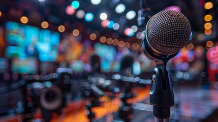 Close-up of microphone on stage in conference room full of cameras and people on blurred background. - obrazy, fototapety, plakaty