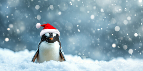 Xmas winter cartoon penguin wearing a red Santa hat. Holiday Christmas banner, festive poster. Merry Christmas Happy New Year. Festive bright beautiful background