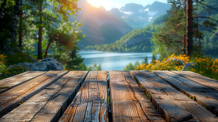 Wooden boardwalk on the background of the lake and mountains.