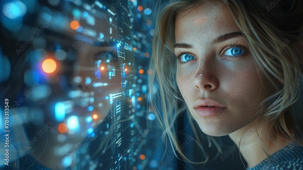 Poster Image of AI-enhanced robot woman working on transparent computer touch screen. Artificial intelligence analyst data on display of computer. Female cyborg. Artificial neural networks.