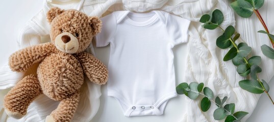 Baby onesie mockup with adorable teddy bear and eucalyptus branch on elegant ivory blanket