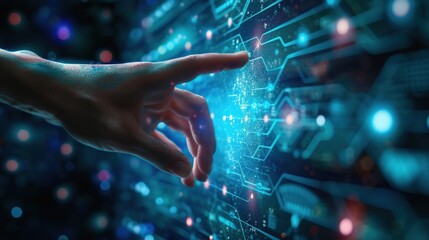 Closeup of finger touching interface screen with shallow depth of field blue toned