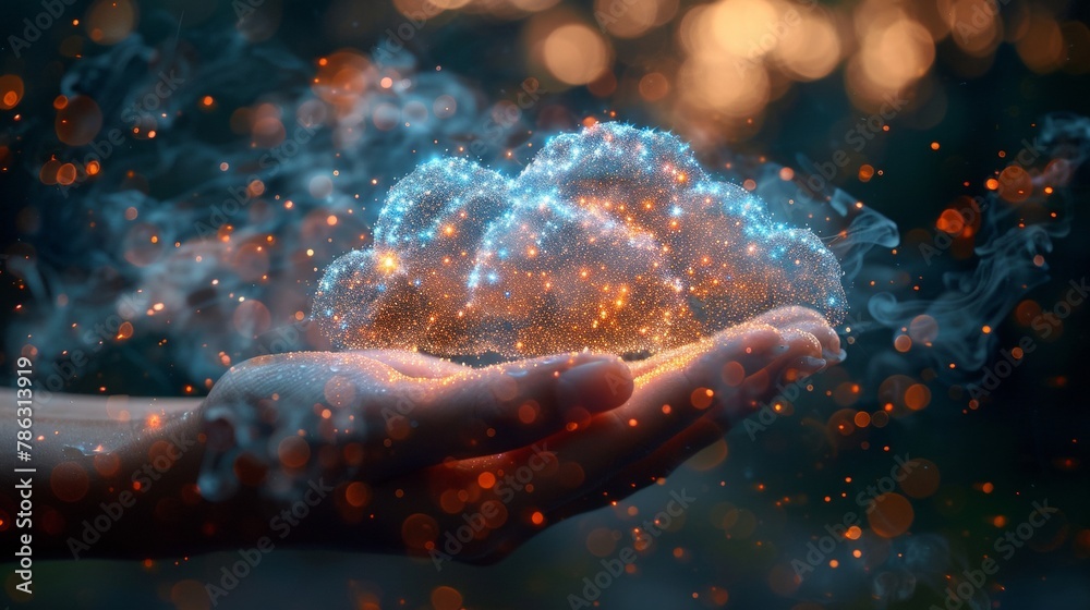 Poster A digital technology network concept shown in neon lights with an icon representing the digital cloud over a hand. A digital rain of data is coming from the digital cloud. Access to the Internet