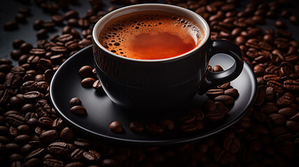 Obraz premium hot coffee with perfect crema and coffee beans on dark background