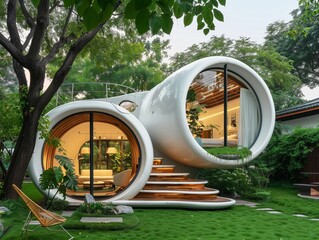 A house with circular windows and stairs surrounded by lush green lawn