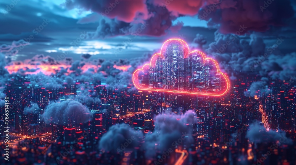Poster The cloud computing concept. Remote cloud data storage communication with company computer network. Cloud services. Download, upload data on the Internet. A digital cloud icon over a city. IOT
