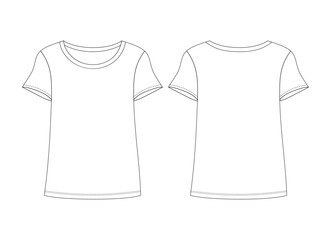 Girls Basic Half Sleeve Top Front & Back Technical Flat Sketches, Front & Back, Silhouette, Mockup, Outline, Drawing Template,