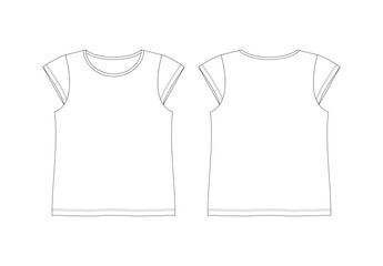 GIRLS RN CUT SLEEVE TOP FRONT & BACK.- Technical Flat Sketches, Front & Back, Silhouette, Mockup, Outline, Drawing Template,