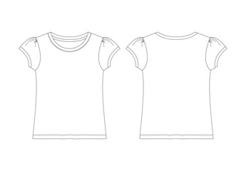 GIRLS BASIC ROUND NECK PUFF SLEEVE TOPS FRONT & BACK - Technical Flat Sketches, Front & Back, Silhouette, Mockup, Outline, Drawing Template,