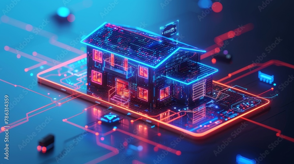 Leinwandbilder the internet of things smart home isometric concept. with icons appearing on the screen, a smart pho