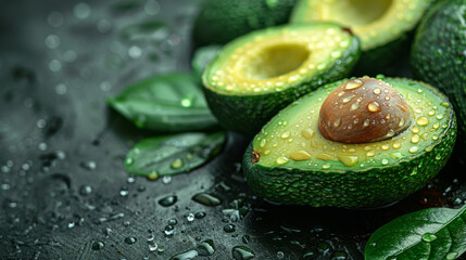 Fresh avocado on dark background, leave from for copy space.