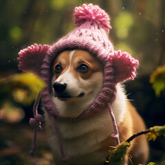 corgi in knitted pink bonnet, nature, jungle сreated with Generative Ai