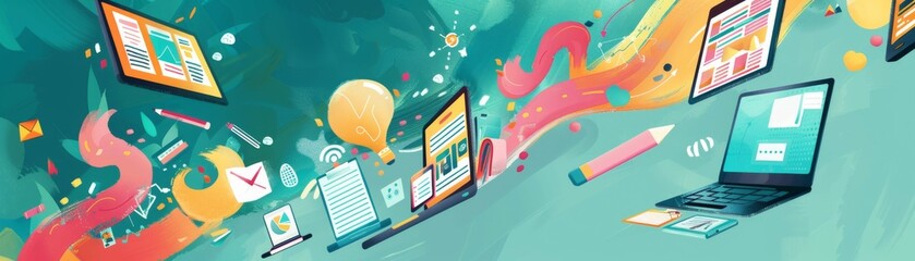 digital education landscape with online courses, e-learning platforms, and apps for adult distance