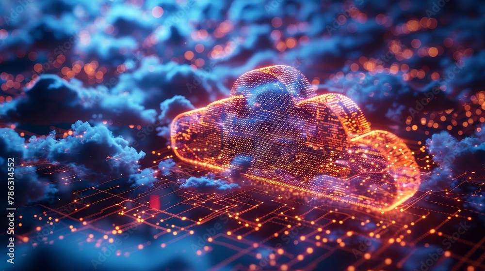 Poster Concept of cloud computing in digital technologies. Mobile internet. IOT devices communicating in cloud storage. Background in computer technology. Connection with digital data storage on the
