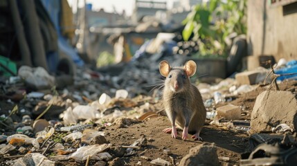 Fototapeta premium Dirty, shaggy, skinny rat ate garbage. Garbage bags on the floor were wet and smelled very bad. reflecting the problem of overflowing garbage in the city