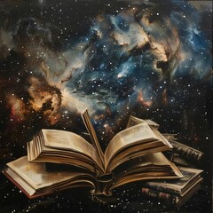 Open book on the background of the universe with stars and galaxies.
