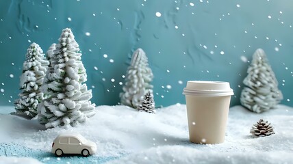 Holiday Hues: A Cup of Coffee in a Snowy Evergreen Forest