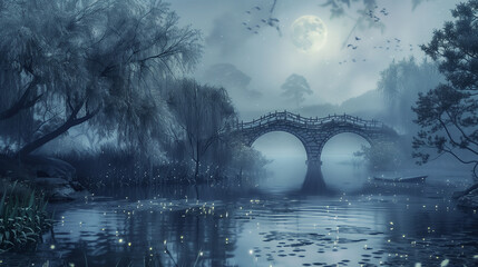  Bridge in Moonlight - obrazy, fototapety, plakaty
