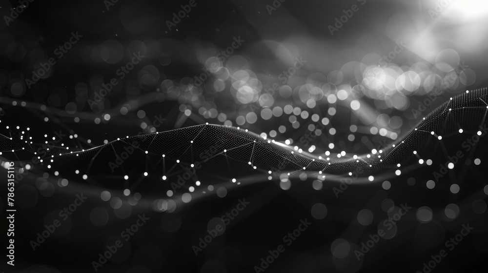Poster The abstract polygonal space has a low poly dark background with connecting dots and lines. There are multiple connections.