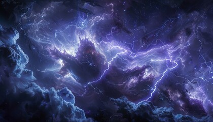 Shades of blue and violet swirl together nebulous cloud, illuminated by crackling lightning bolts