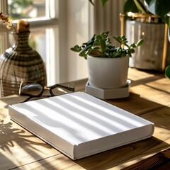 Blank book on wooden table with sunbeams through the window