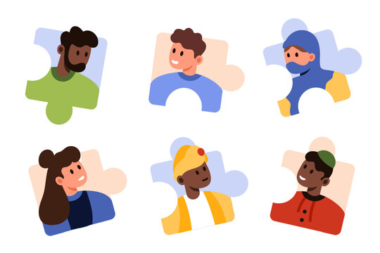 Diversity of employees in company team, success teamwork organization and cooperation. Colleagues of different races and cultures inside puzzle pieces, diverse community cartoon vector illustration