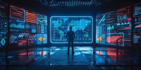 A man stands in front of a computer monitor that displays a map of the world