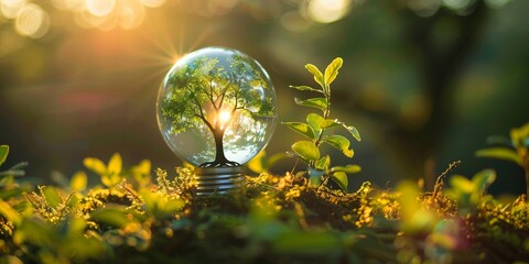 A tree is inside a glass globe, surrounded by green plants