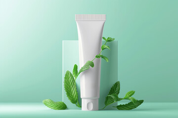 Organic cream tube with fresh mint leaves on aqua background.