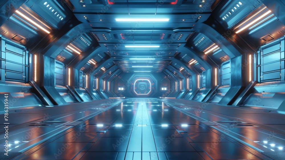 Aufkleber 3D rendering of futuristic interior with empty stage. Science fiction futuristic background.
