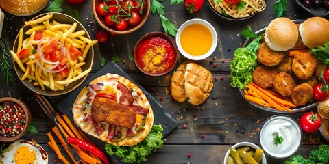 A table full of food with a variety of dishes including sandwiches, fries