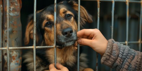 A person is petting a dog behind a metal fence